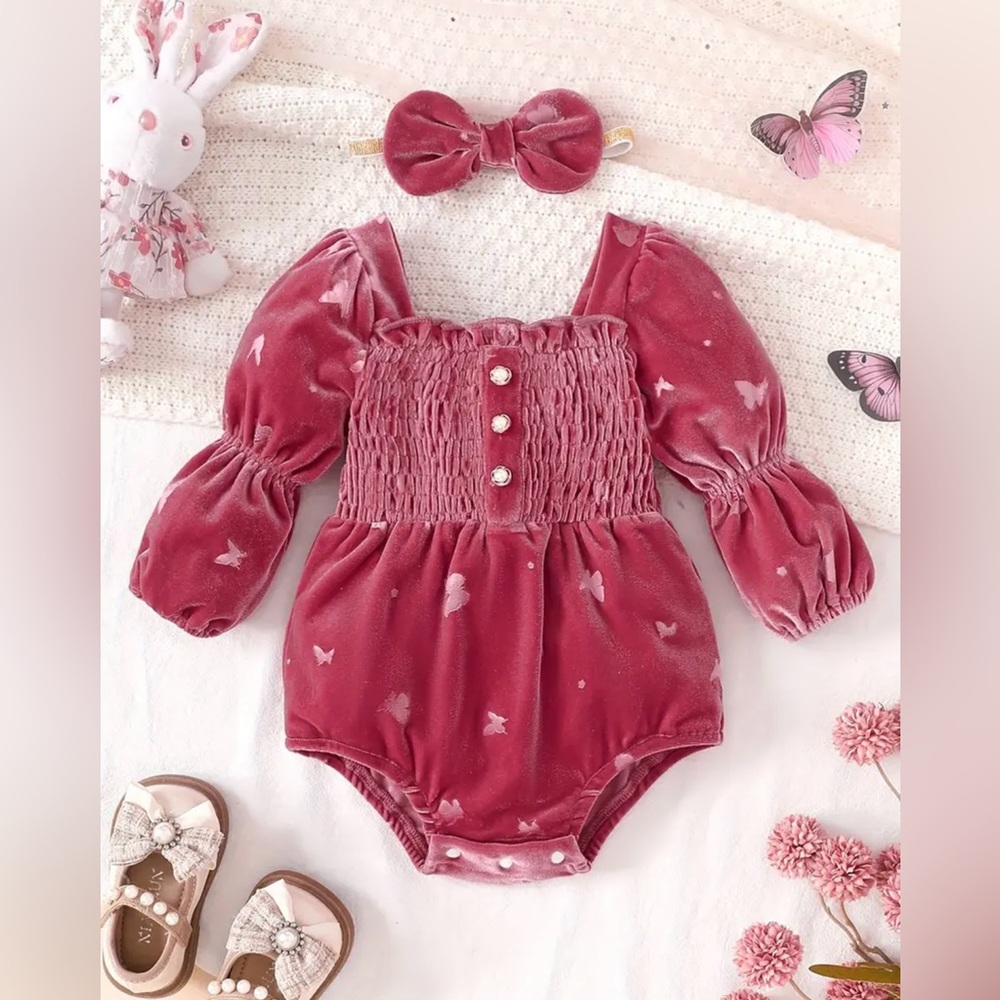 Velvet Baby Girl Romper with Bow – Butterfly Outfit 3–6M
